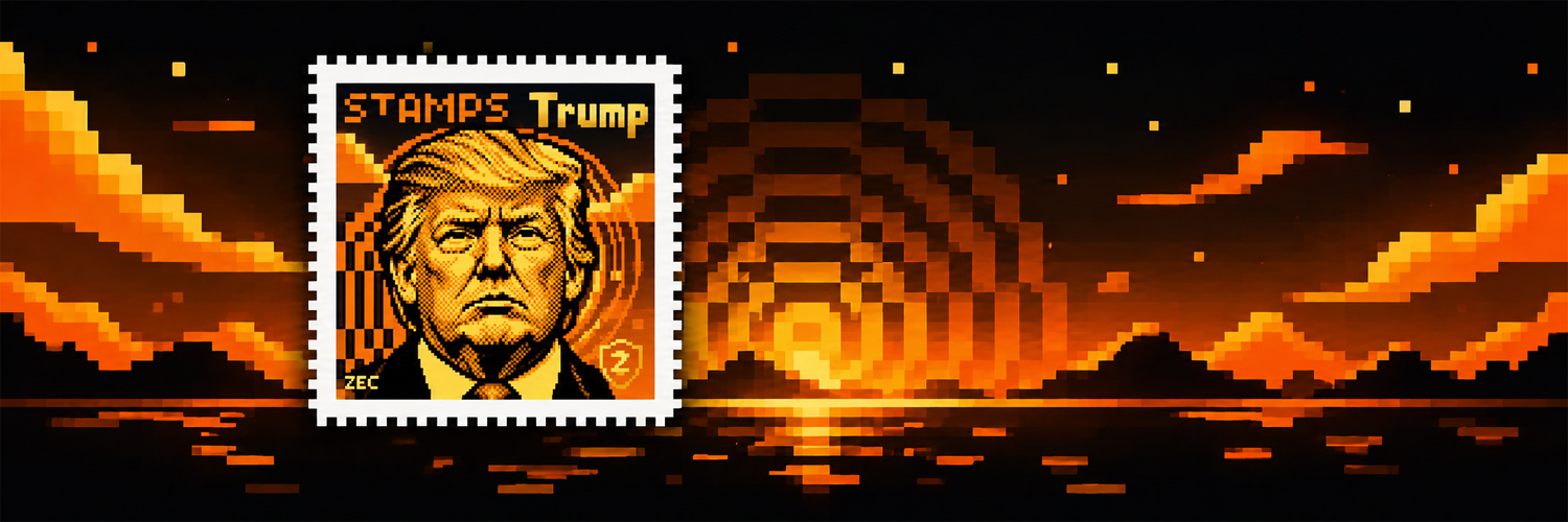 StampTrump banner — stamp over a pixel sunset horizon