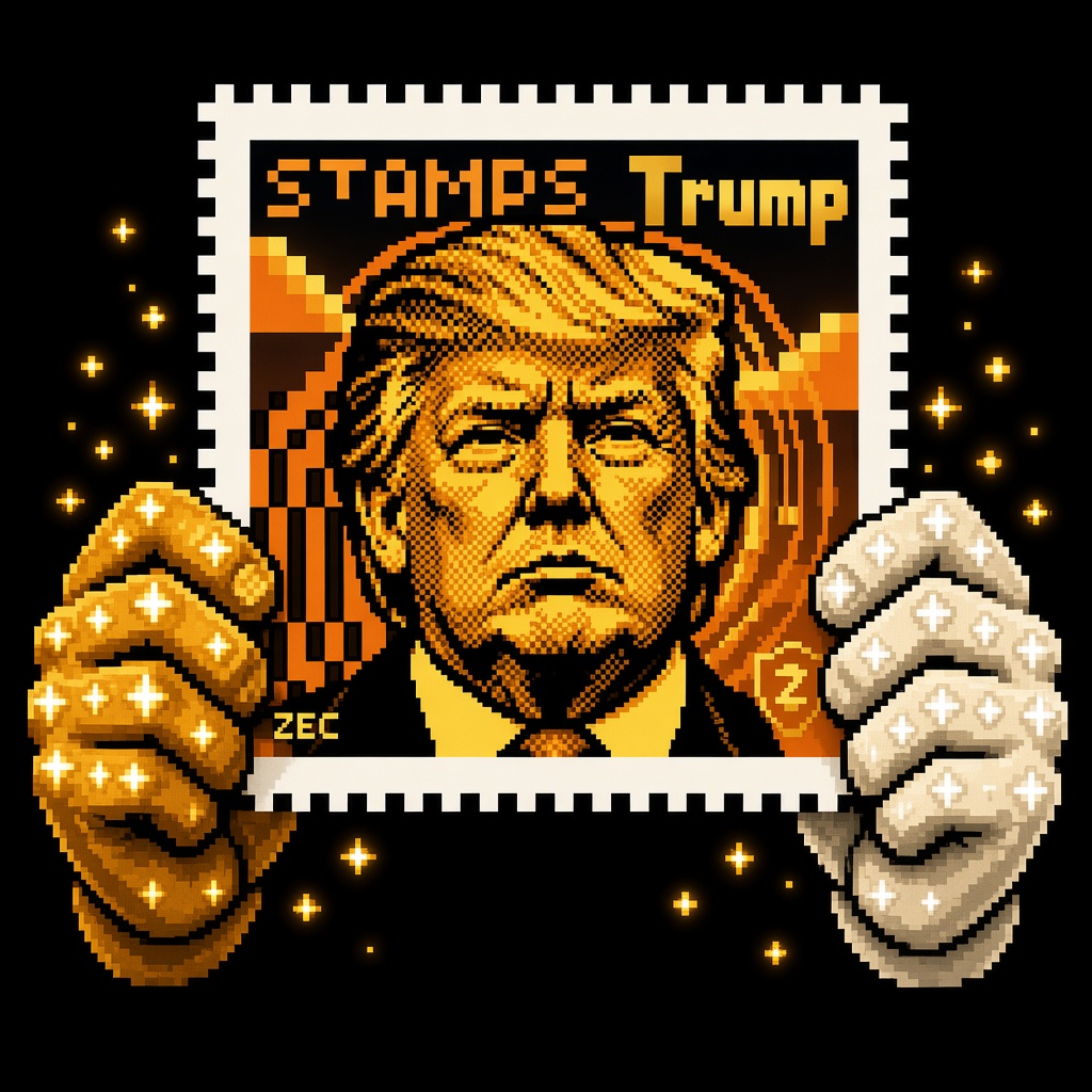Pixel hands holding the StampTrump stamp