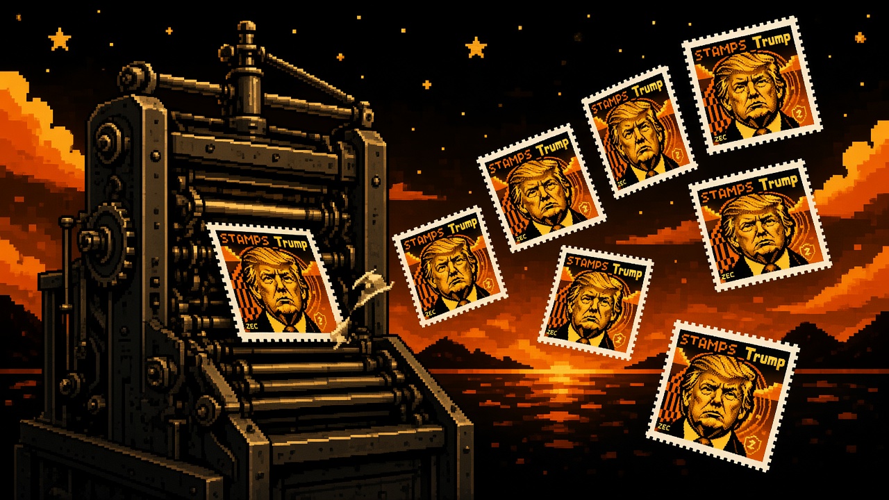 StampTrump stamps flying off a pixel printing press at sunset