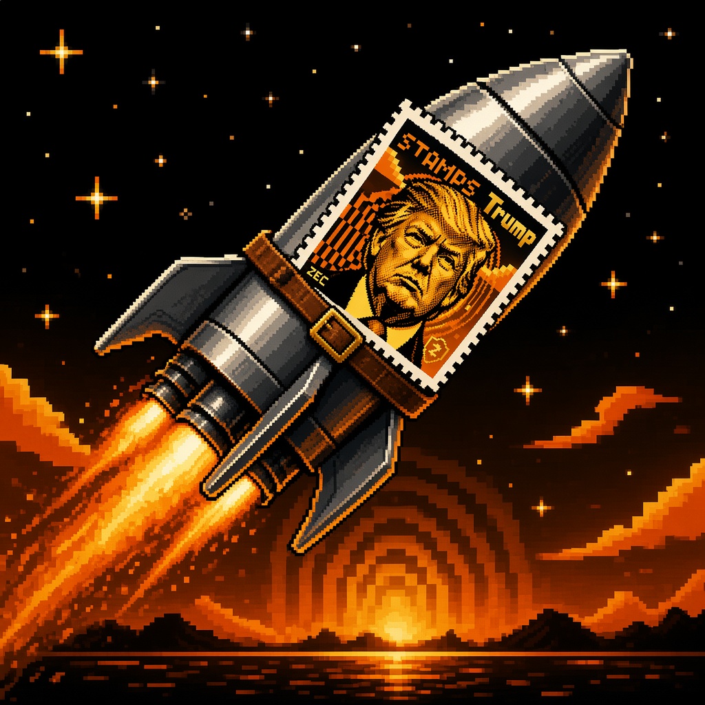 StampTrump stamp strapped to a pixel rocket